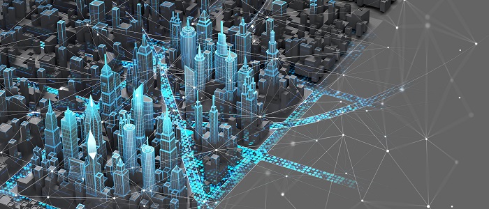 Eine grafische Darstellung einer Stadt mit Geodaten Infrastruktur
